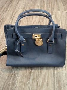 Michael Kors Hamilton Saffiano Leather Medium Satchel Blue Shoulder Bag Purse - Picture 1 of 23