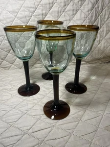 Hand Blown Amber Rim Kalalou Wine Glass Set Of 4 Recycled Glass Stemware - Picture 1 of 7