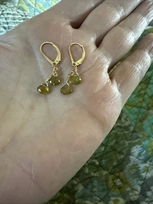 GENUINE PERIDOT DROP/DANGLE PIERCED EARRINGS 14/20 GOLD FILLED 1.25" - Image 1 of 4
