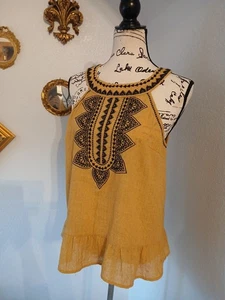 Medium THML Boho Embroidered Top Womens Linen Blend Sleeveless Beach Cottagecore - Picture 1 of 9