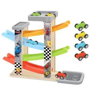 Wooden Race Track Car Ramp Toy Montessori Car Ramp Set with 4 Mini Cars 4 Ram... - Picture 1 of 6