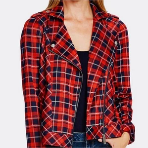 Vince Camuto Plaid Knit Moto Jacket Burnt Amber Tartan Asymmetrical Zip New XL - Picture 1 of 10
