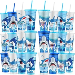 24 Pcs Shark Cups with Lid Straw Ocean Shark Party Favors 24 oz Plastic Drink... - Picture 1 of 6