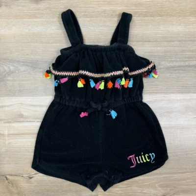 Juicy Couture Niños Talla 12Mo Terciopelo Negro Una Pieza Mameluco Borla Volantes Ribete Foto 1 de 4
