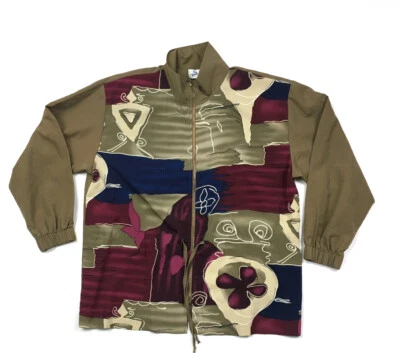 VTG 90s Style Zip Windbreaker Jacket Abstract Print Rap Geometric Women PL - Image 1 of 4