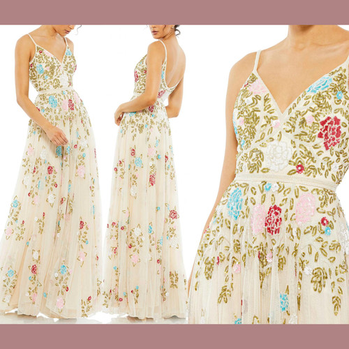 NWT $698 Mac Duggal [ 4 ] Embellished Floral Sequined Gown in Nude #G1872
