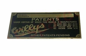 Data Patents Plate Brass For Jeeps Willys ECs - Picture 1 of 2