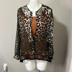 LUISA CERANO Leopard Animal Print Silk Long Sleeve Button Front Sz 4 - Picture 1 of 10