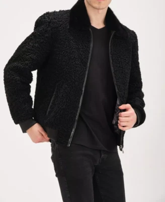 Men's Black SHEEP FUR Real Persian Lamb Fur BomberJacket Mink Fur Collar Allsize - Image 1 of 4