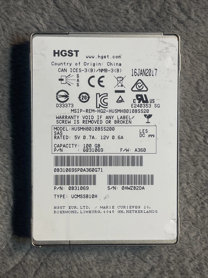 HGST HUSMH8010BSS200 100GB 12Gb/s 2.5" SED SAS SSD / TESTED / USED - Image 1 of 3