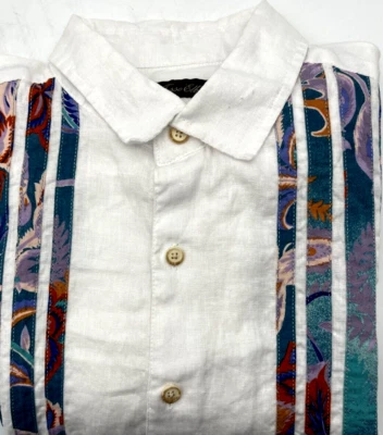 Tasso Elba Mens Medium 100% Linen  Hawaiian shirt White  w/ Floral fabric Stripe - Image 1 of 4