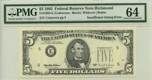 1995 $5 Federal Reserve Note Richmond Fr# 1984-E PMG CH64 Inking Error - Picture 1 of 2