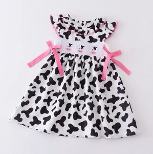 NEW Boutique Farm Cow Embroidered Smocked Cow Print Dress