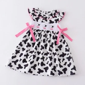 NEW Boutique Farm Cow Embroidered Smocked Cow Print Dress - Picture 1 of 9