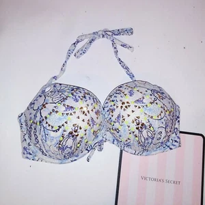 Victoria Secret Swim Bikini Top 36D Gorgeous Push Up Adds 2 Cup Sizes Blue White - Picture 1 of 8