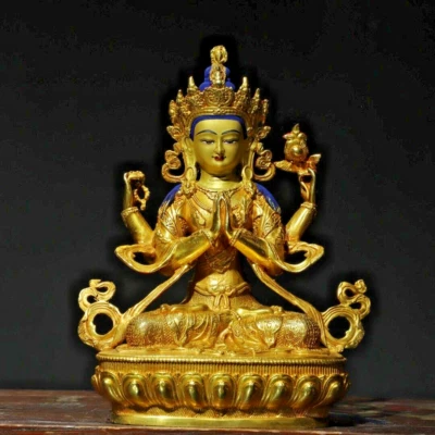 8.26" Antiguo Budismo Tibetano Cobre Dorado Colorear Cuatro Escultura Guanyin Armada Foto 1 de 4