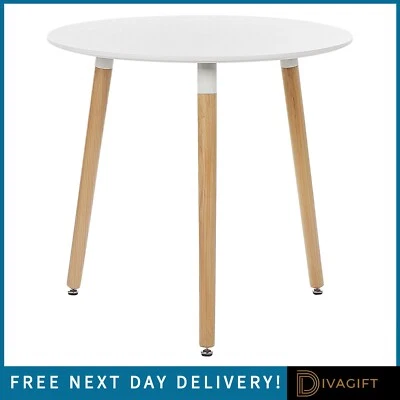 WHITE ROUND TABLE MDF DINING KITCHEN LIVING ROOM SIDE TABLE WITH BEECH WOOD LEGS - Image 1 of 4