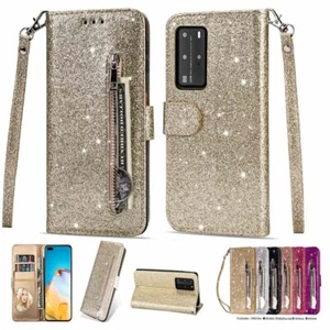 Glitter Zipper Wallet Case Stand Cover For Huawei Y6 Y7 P Smart 2019 P30 40 Pro  - Picture 1 of 18