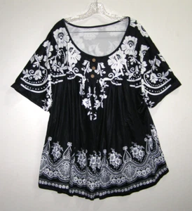 NEU! Boho-Shirt/Top Damen Kurzarm schwarz/weiß Blumenmuster Übergröße 4 XL - Bild 1 von 6