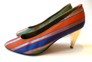 VANELI Colorful Gold Heels VERO CUOIO Silk Blend  Leather Lined SIZE 8.5 M