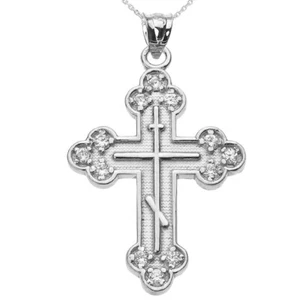 .925 Sterling Silver CZ Eastern Orthodox Cross Pendant Necklace - Picture 1 of 2