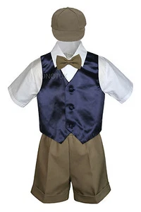 5pc Boy Toddler Formal Dark Khaki Shorts Hat Bowtie Suit Satin Color Vest Set - Picture 1 of 25