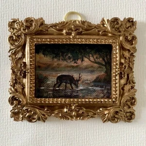 tiny original oil painting gold frame antique style landscape forest Renaissance - Picture 1 of 10