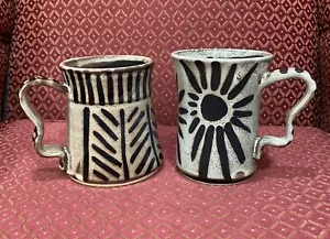 Handmade Pottery Mugs by Brandee Ross~Signed~Galaxy Black & Sand~Set Of 2 - Picture 1 of 9