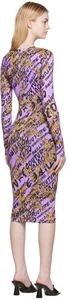 Versace Jeans Couture Viola Bodycon Abito Midi Logo All Over - Foto 1 di 4