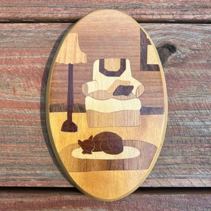 Vintage 90er Holz Intarsien oval Katze Wandbild rund Berg Holzarbeiten 6x3,5 Handarbeit - Bild 1 von 11