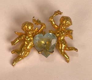 Spilla vintage doppio angolo tono oro con cuore strass blu - Made in France - Foto 1 di 9
