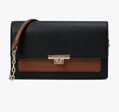 Bolso de Hombro Anne Klein Color Bloqueado Negro Marrón Este/Oeste Solapa Nuevo Foto 1 de 4