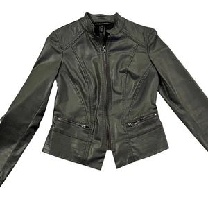 White House Black Market beschichtete Motorradjacke Reißverschluss schwarz tailliert Größe 0 Attrappe WHBM - Bild 1 von 8