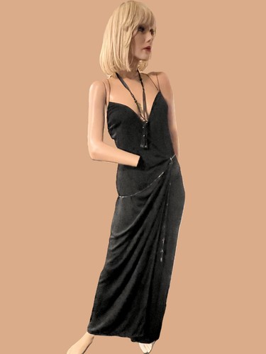 Moschino Couture Vintage! Abito da sera lungo nero avvolgente con catene S SEXY