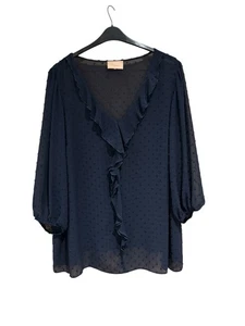 Studio Jane Navy Blue Long Sleeved Top Blouse Size 22 V Neck Sheer Frill Plus - Picture 1 of 7