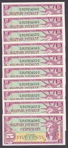[UNC 10 Notes] MPC 591 Series 5 Cents S861-1  G03705650G-59G [013-3] - Picture 1 of 5