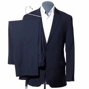 42R Alfani Dark-Blue Pinstriped Wool Peak-Lapels Two-Piece Suit 37x28 Trousers L - Picture 1 of 14