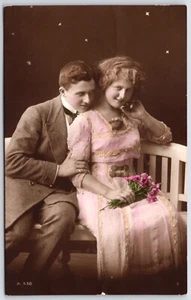 RPPC Romantic Couple on Bench Hand Colored Studio Rotary Photo A 330 Postcard - Picture 1 of 2