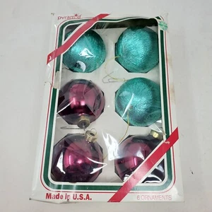 Vintage Pyramid Christmas Tree Glass Ornaments 3 Red and 3 Foam Teal Made in USA - Picture 1 of 4