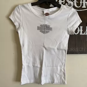 Women’s Harley Davidson White Bar And Shield Rhinestone Shirt Small - Picture 1 of 5