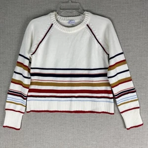 Ecru Sweater Womens XS Striped Crop Raglan Knit White Red Multi Pullover Crew - Picture 1 of 7