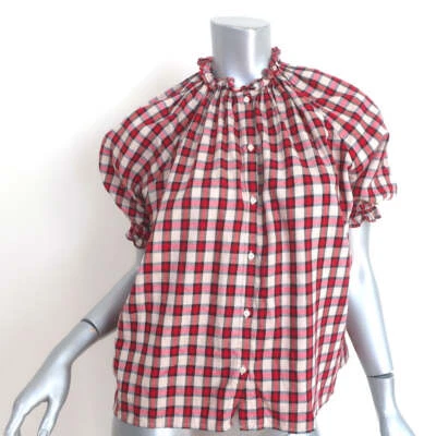 THE GREAT Checked Puff Sleeve Top Red/Ecru Size 0 Button-Up Blouse - Image 1 of 4