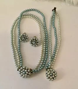 Set bracciale e orecchini collana perle finte Giappone blu vintage anni 50 con chiusura fantasia - Foto 1 di 21