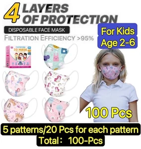 100 Pcs Cartoon Kids BFE 95% Protective 4 Layer Face Masks Disposable Respirator - Picture 1 of 18