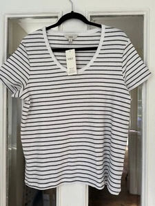 BNWT M & S WHITE & BLACK SCOOP NECK STRIPED COTTON MIX SHORT SLEEVED TOP SIZE 20 - Picture 1 of 6