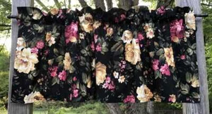 Cottage Rose Floral Valance Pink Cream Peony Flower Black Kitchen Window Curtain - Picture 1 of 9