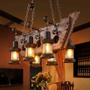 Pirate Ship Rustic Chandelier Industrial Wood 6-Light Glass Shade Pendant Lamps - Picture 1 of 22