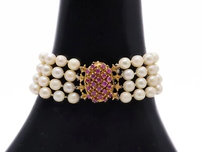 18k Yellow Gold Four Strand Cultured Pearl Bracelet w/Ruby Cluster Clasp - Image 1 of 4