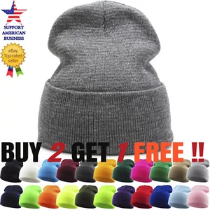 Beanie Hat Men Women Plain Knit Ski Cap Warm Slouchy Skull Winter Cuff Thermal - Picture 1 of 27