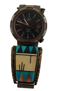 Sterling T & J Inlaid Zuni Watch Band w Timex Analog + Date Quartz Watch Vintage - Picture 1 of 8
